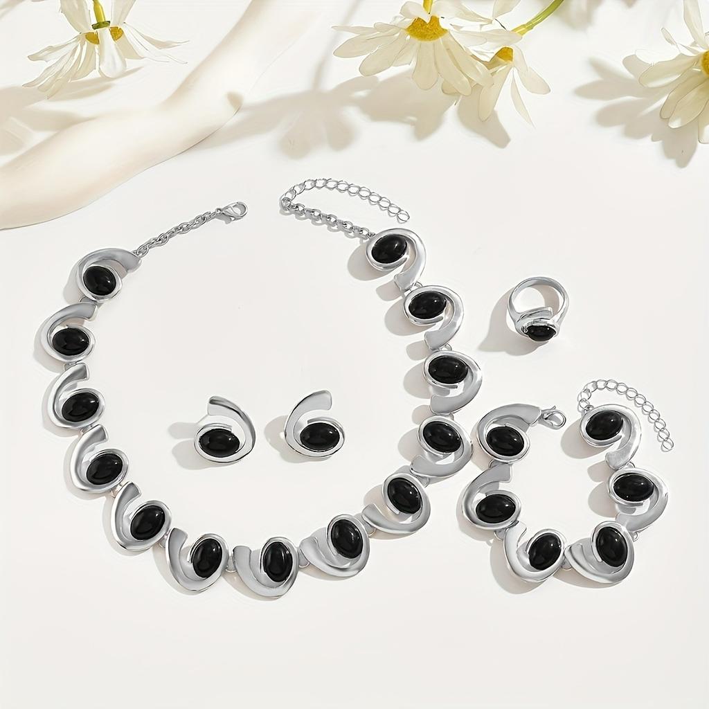 4Pcs/set Silver Ladies Fashion Simple Necklace Earrings Bracelet Ring Set