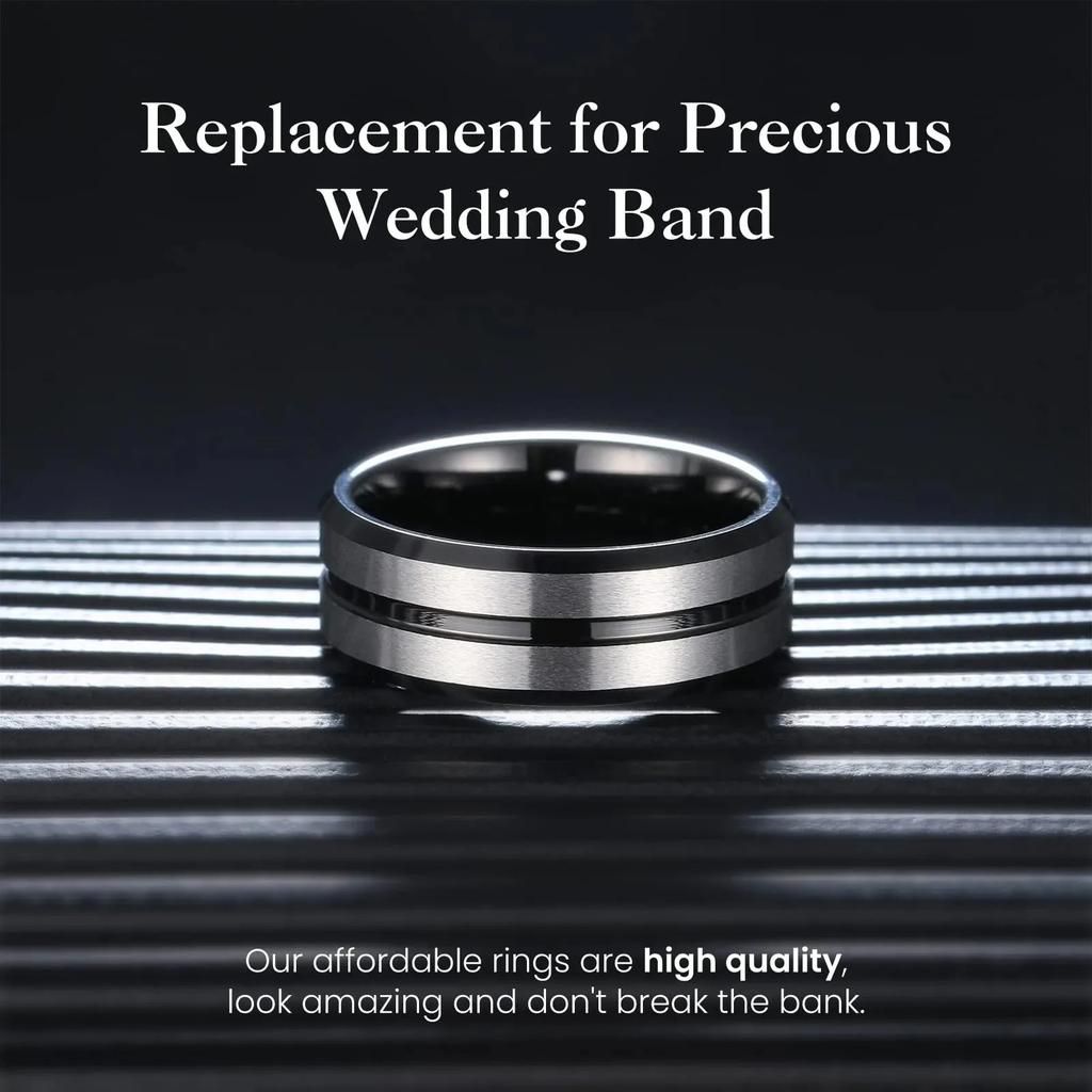 8mm Black Stainless Steel Rings For Men Women Silver Color Brushed Beveled Edge Men Promise Rings Wedding Bands Jewelry