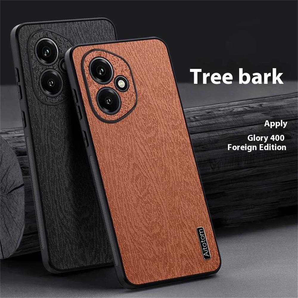 

For Honor 400 5G (Global) Case Wood Texture PU Leather Coated PC TPU Phone Cover Blue