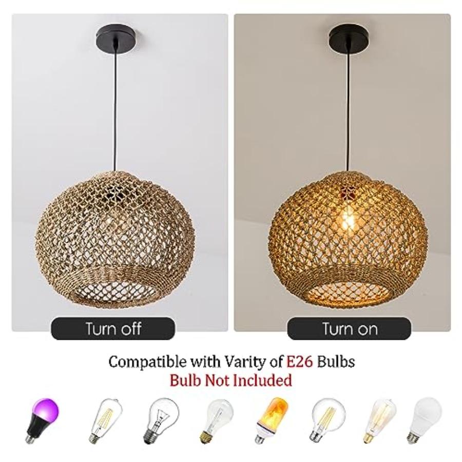 13.77 Woven Rattan Pendant Light Hand-Woven Water Plants Rattan Chandelier 1-Light Boho Wicker Coastal Retro Ceiling Chandelier
