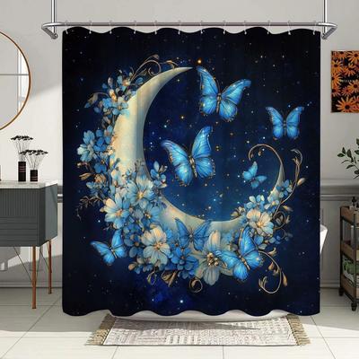 1pc Enchanted Forest Shower Curtain - Crescent Moon with Golden Vines & Blue Butterflies Design   Whimsical Magical Polyester Bat