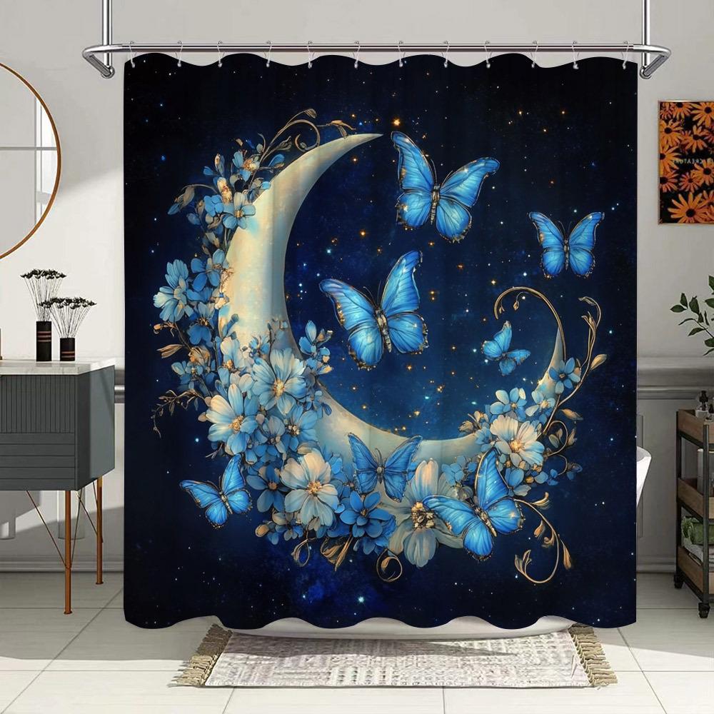 1pc Enchanted Forest Shower Curtain - Crescent Moon with Golden Vines & Blue Butterflies Design, Whimsical Magical Polyester Bat