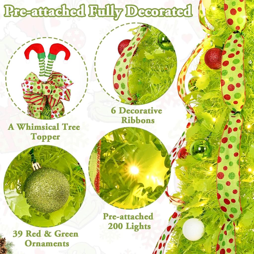 6FT Pre-lit Pop-Up Christmas Tree with 200 Lights, Foldable Xmas Tree for Indoor Outdoor Decor