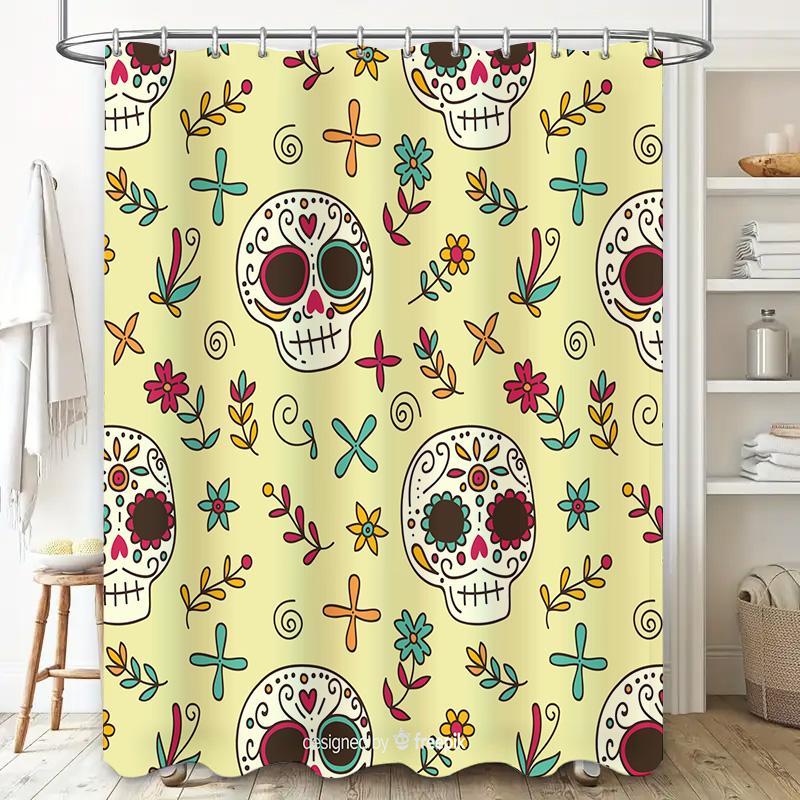 Skull Pattern Shower Curtain Decorative Fabric Waterproof Bath Rug Bag for Home Bathroom Accessories in Yellow/White Colors