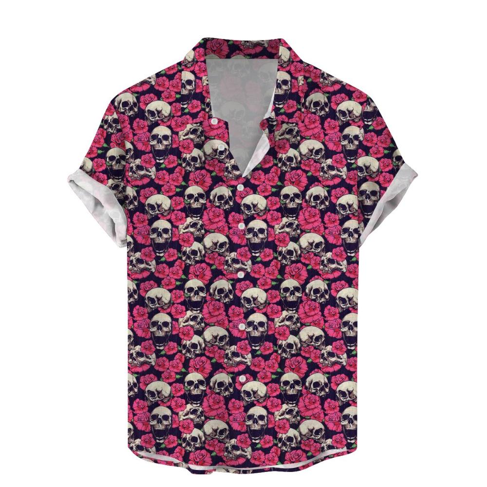 Men s Sugar Skull Floral Shirt 3D Print Hawaiian Short Sleeve Button Down Summer Oversized Streetwear Tops S