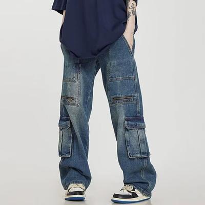 Men'S Denim, American Retro Washed Distressed Multi Pocket Workwear Jeans, Men'S And Women'S Loose Straight Leg Casual Pants, Trendy