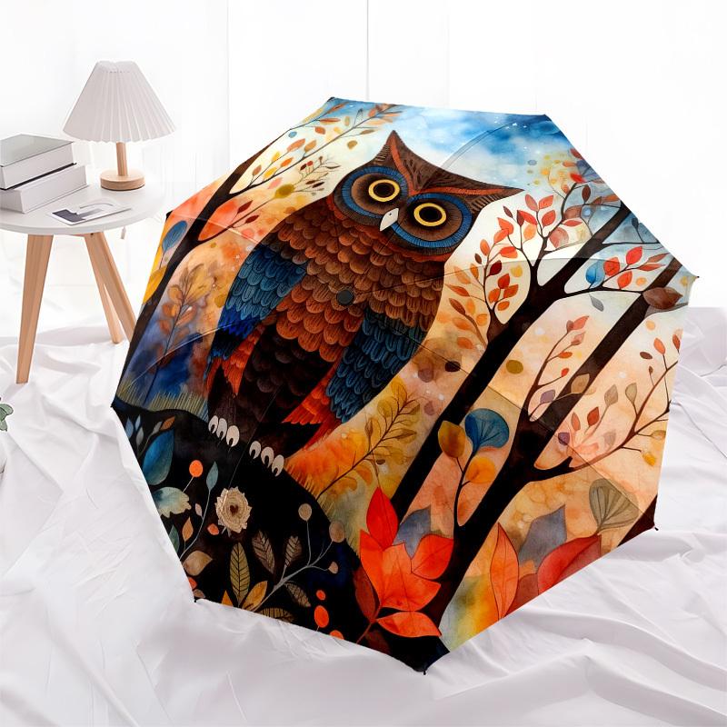 1pc Owl Forest Automatic Folding Umbrella, Heavy Duty 8 Rib Iron Frame,  Suitable for Travel, Daily Use, Birthday, Decor Gift  09