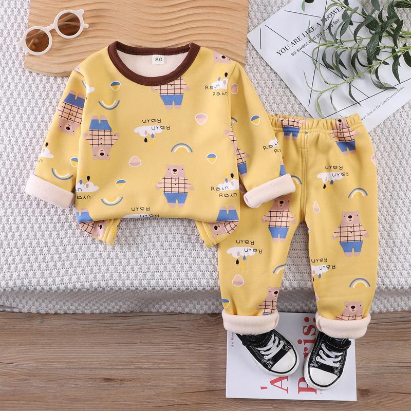 Kids Winter Fleece Lined Thermal Underwear Set Cartoon Print Warm Long Sleeve Top And Pants Home Wear For Boys Girls