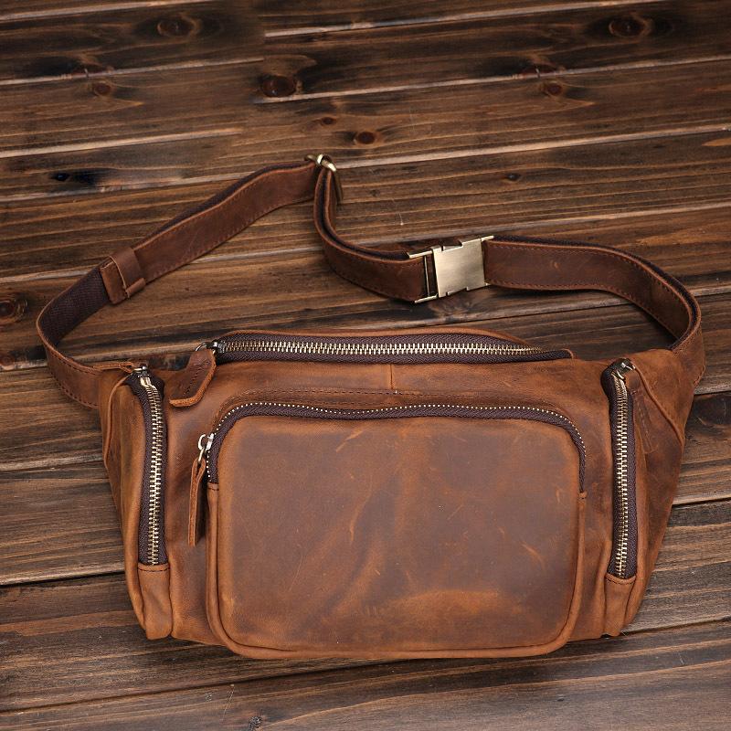

New Large Waist Bag Made of Genuine Leather, Casual and Fashionable for Men, with A Layered Cowhide and Retro Trendy Single Shoulder Crossbody Bag коричневый