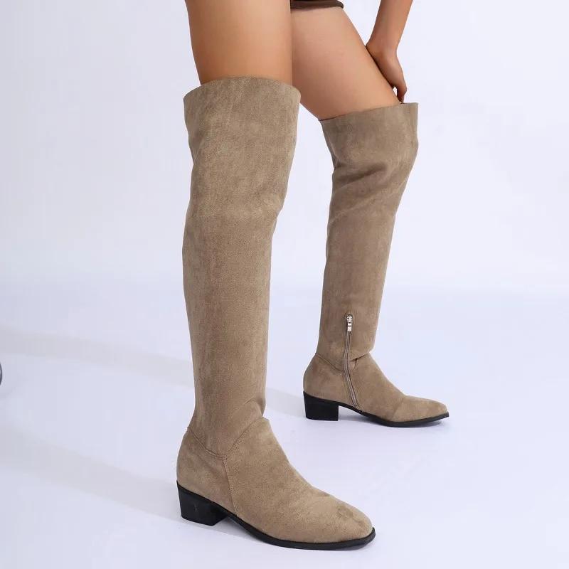 

Women Round Toe Med Heel Side Zip Ladies Shoes 2026 Plus Size Shoes Female Over-the-Knee Women s Boots Concise Modern Boots 35