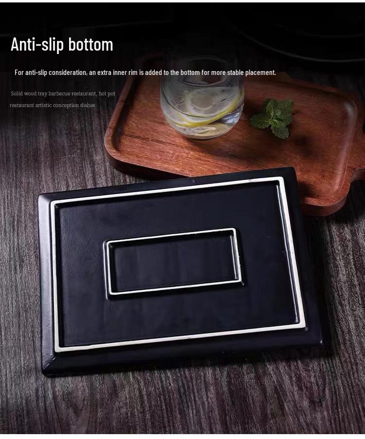 Matte Black Ceramic Wood Grain Plate for Steak, Barbecue, Snacks, and Desserts