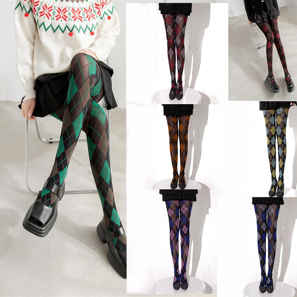 Checkered Argyle Plaids Pattern Pantyhose for Women Reinforced Toe Everyday Use Soft Nylon Opaque Tights Stockings
