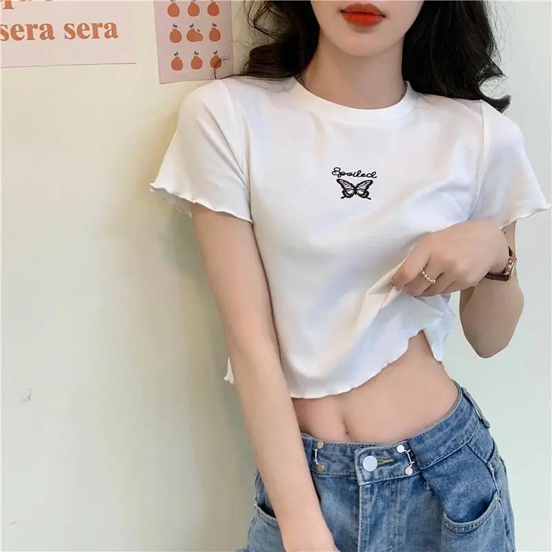 New Summer High-waisted Short T-shirt for Women, Slim and Thin, Versatile Butterfly Embroidered Short-sleeved Top for Women