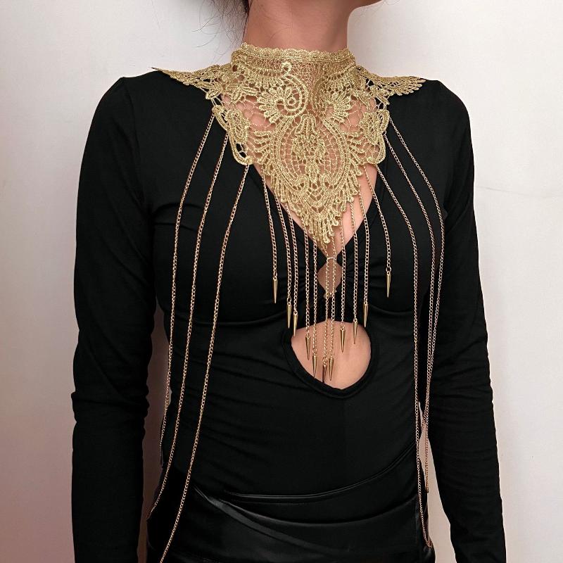 Gold Lace Trim Multi-Layer Fashionable Tassel Necklace For Women Body Chain Jewelry Accessory Elegant Trendy Jewelry