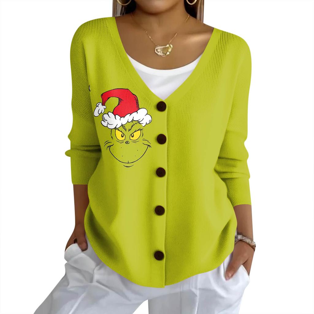 Women's Fashion Casual Knit Sweater Button-Up Christmas Print Cardigan Jacket