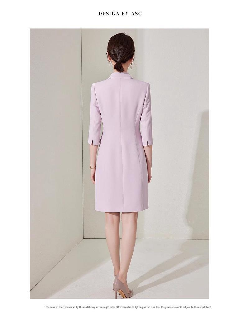 Spring/Summer White Double-Breasted Midi Dress with Suit Collar and Formal Workwear Elegance