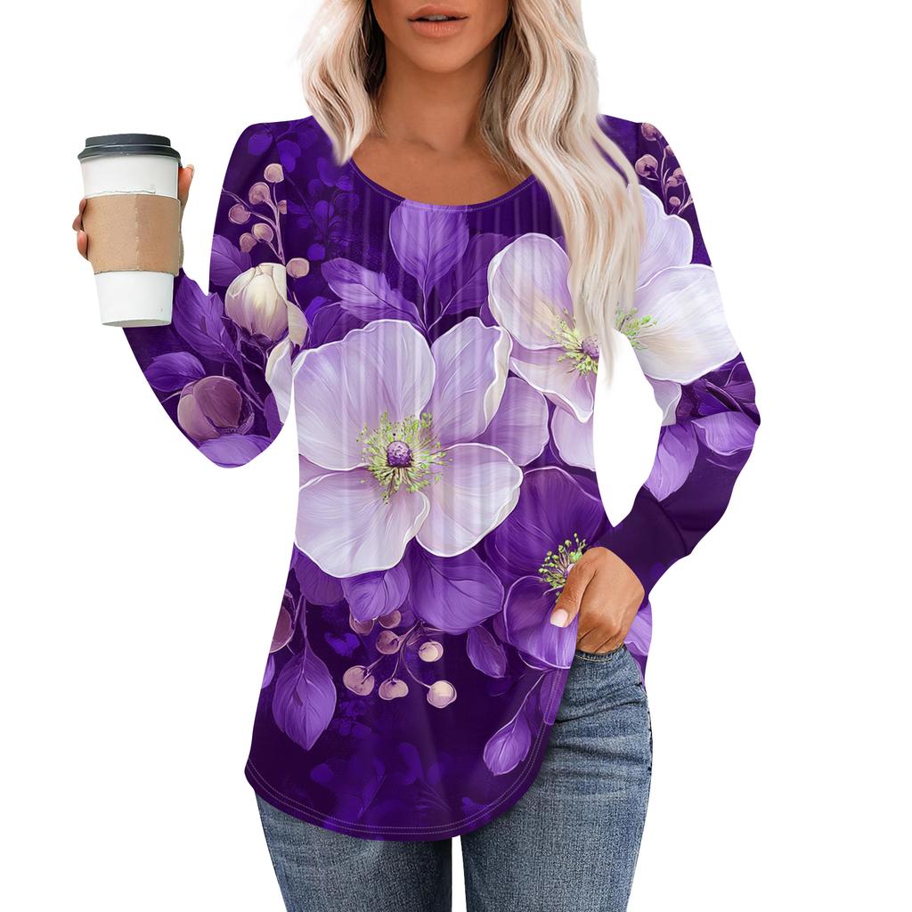 Damenmode Lässig Plissiert Rundhals Vintage Blumendruck Langarm T-Shirt Top