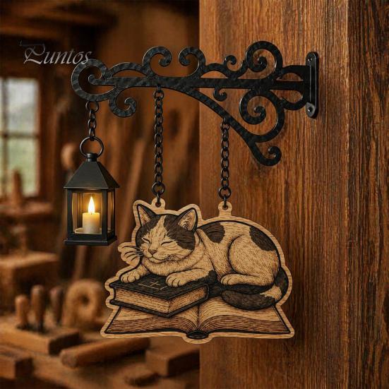 Retro Bookshelf Light Vintage with Cat Sleeping on Book Design, Lantern Rustic Metal Wall Lamp for Reading, Decorative LED Study Room Library