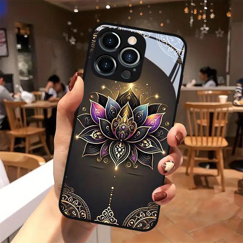 Golden Lotus Flower Pattern Tempered Glass Black Phone Case For Samsung Galaxy S25 S24 S23 Ultra Plus FE Shockproof Cover