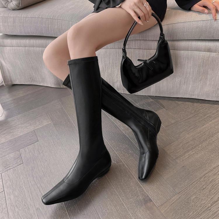 Show long legs! Korean square head tall tube small elastic low heel knight boots but knee thin boots women