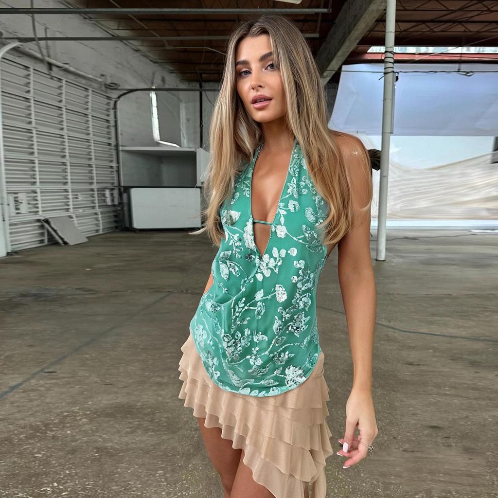 Glitter Sequined Vest, Deep V-neck, Hollow Halter Top