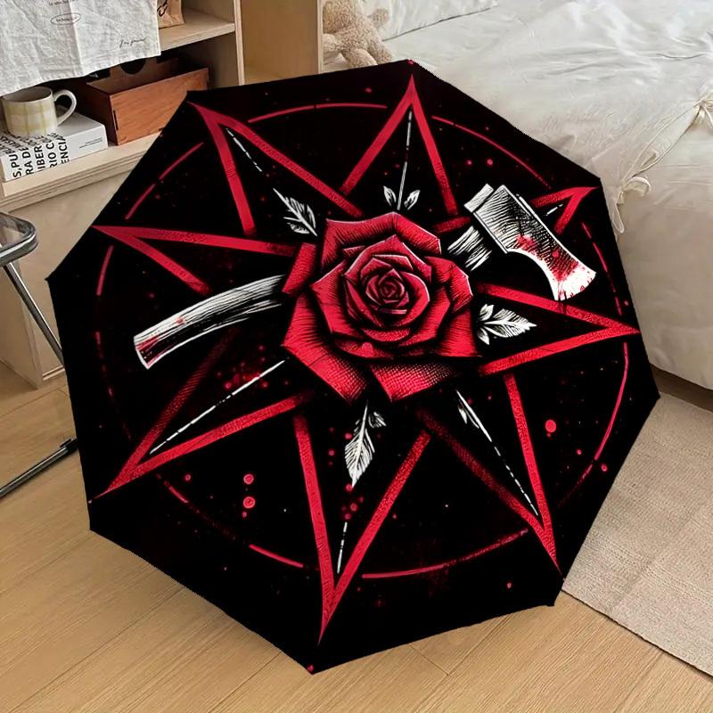 1pc Red Rose Pentagram Axe Symbol Umbrella with Plastic Handle,Suitable for All Seasons Home Travel Outdoor UmbrellaDD1025