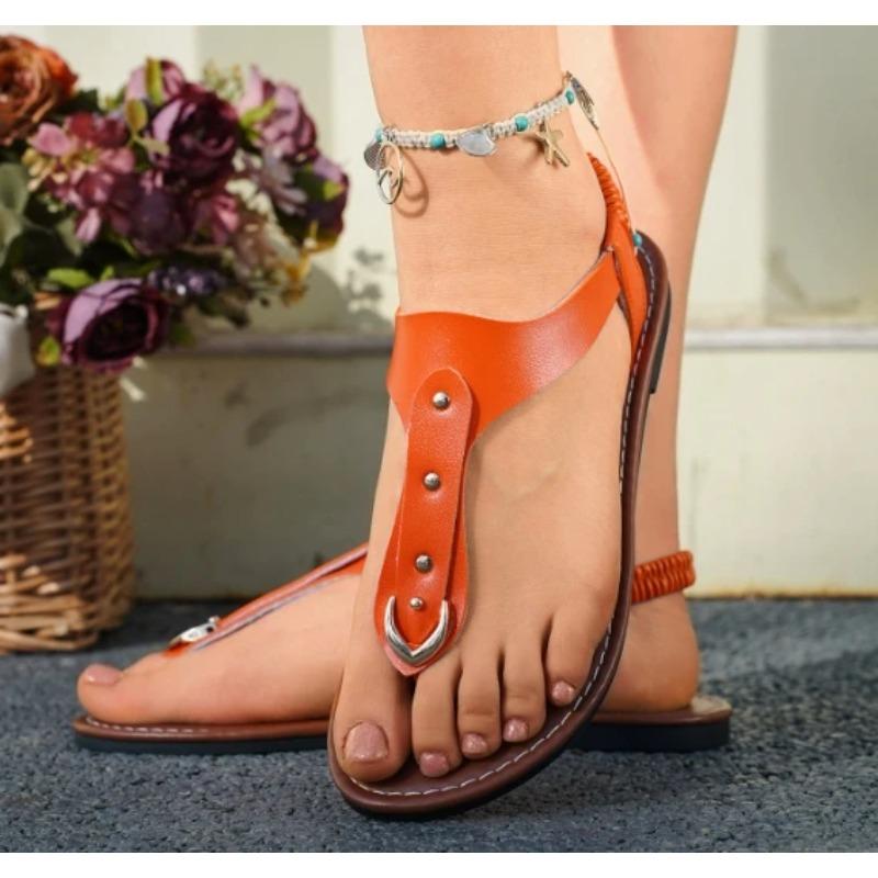 Ladies' solid color flat sandals, with open toe strap and adjustable elastic strap, and metal decorative sandals for comfortable