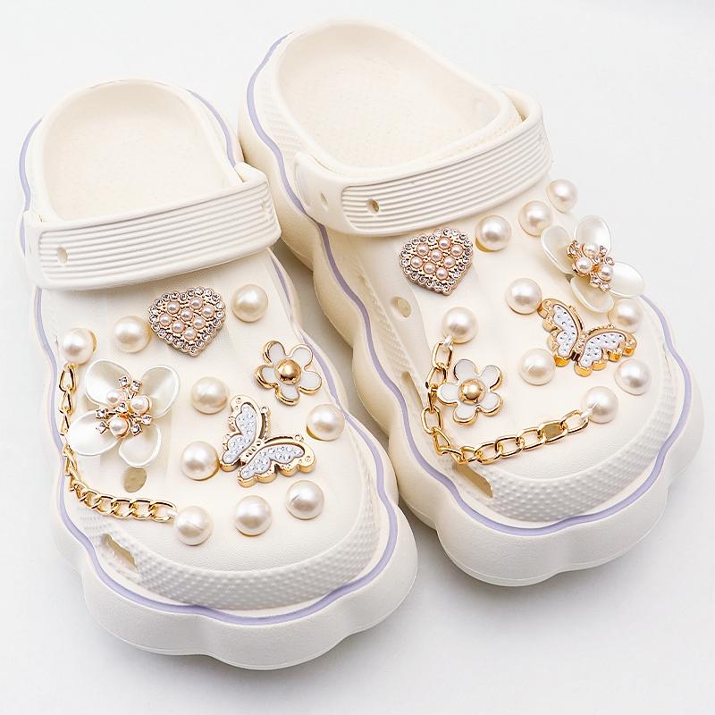 Set Diamond Butterfly Rhinestone Detachable Chain Buckle Pink Shoe Flower Set Creative DIY Pearl Shoe Charms Shoe Decoration