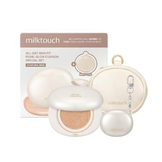 CUSHION SET Milk Touch All Day Skin Fit Pearl Glow 03 Natural Beige (Main Product 13g + Mini 2g Pouch Included)