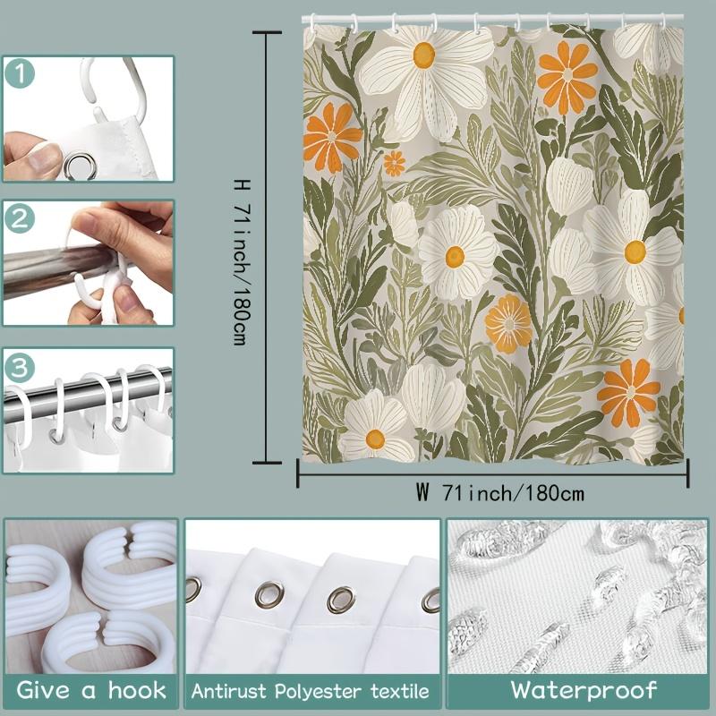 1pc Vintage Floral Shower Curtain - Water-Resistant Polyester, 12 Hooks, 71x71", Machine Washable, All-Season Pastoral Theme