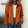 Ribbed Corduroy Top Women Denim Zip-Up Jacket, Long Sleeve Casual Coat, Relaxed Fit Jacket Fall Winter with Contrast Turndown Collar Outerwear