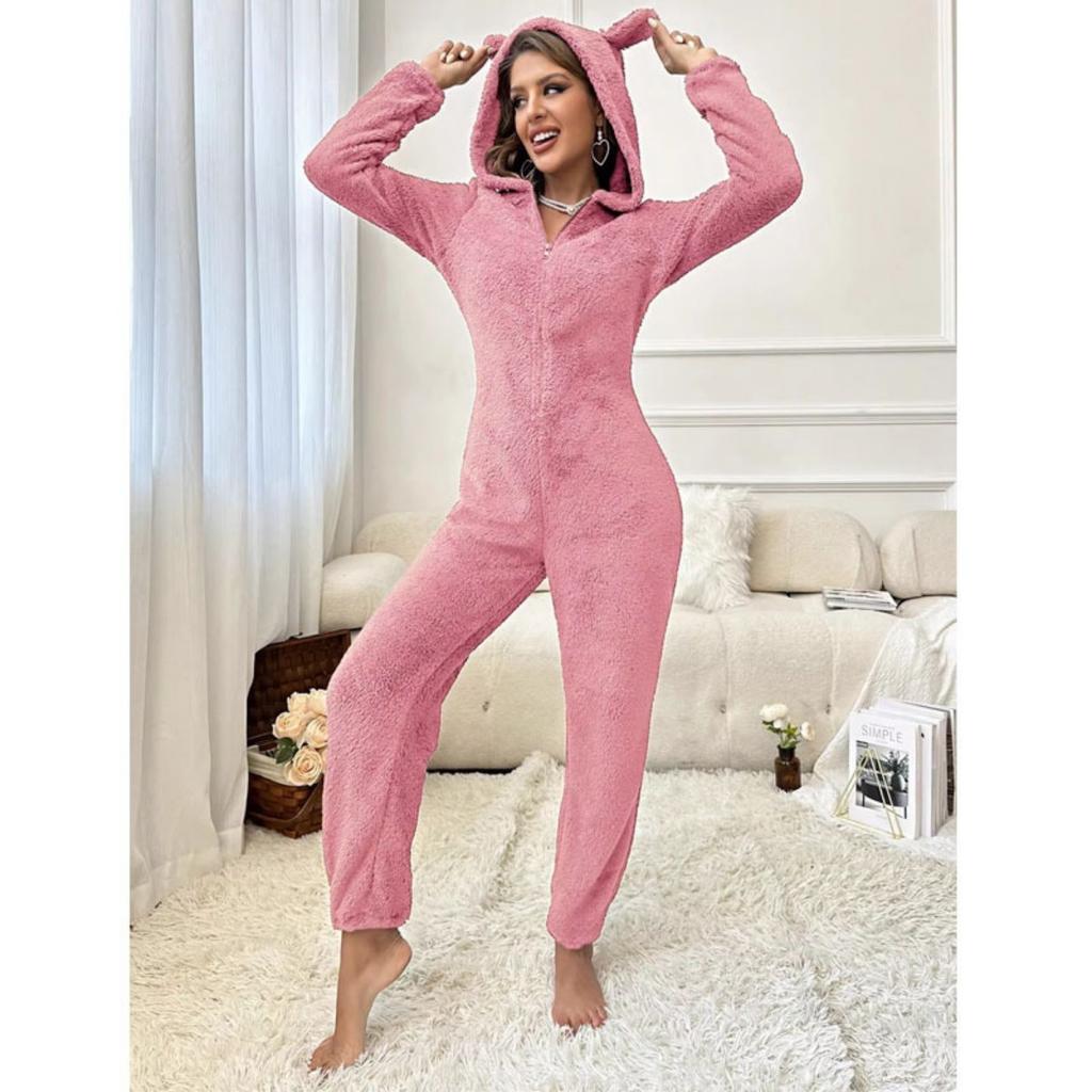 Women's Bear Ear Hooded One-piece Pajamas V-neck Long Sleeve Loose Casual Long Pants Loungewear Fall Winter  For Europe & America