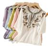 Ethnic Embroidered Cotton and Linen Shirt, Western Style Casual Summer Pullover, Loose Literary Blouse