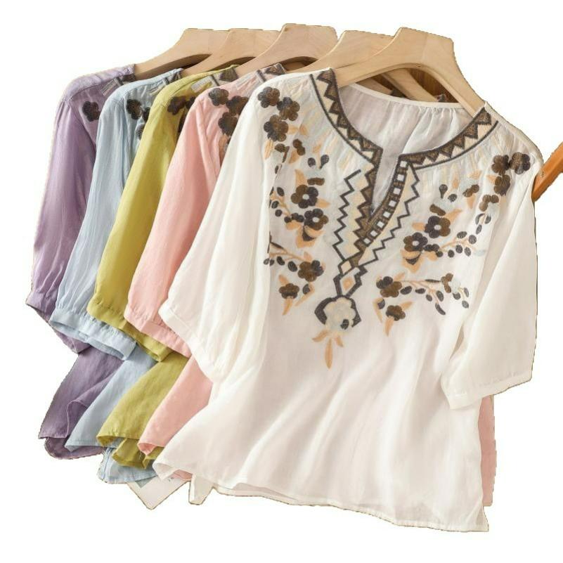 Ethnic Embroidered Cotton and Linen Shirt, Western Style Casual Summer Pullover, Loose Literary Blouse