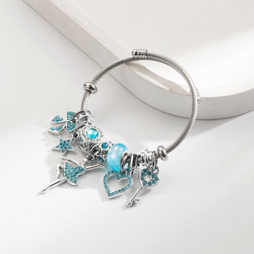 Adjustable Stainless Steel Bracelet Ballet Girl Bow Heart Rhinestone Charms Bangles