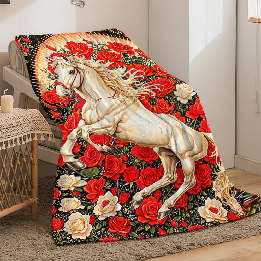 Horse and Roses Flannel Blanket Soft Warm Animal Print Throw Cover Artistic Home Decor Gift for Horse Lovers Cozy Bedding Living
