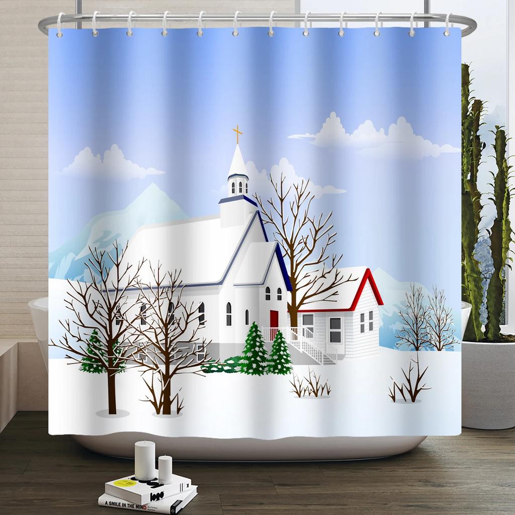 Winter Christmas Shower Curtains Natural Forest Snow Landscape Home Bathroom Curtain Waterproof Washable Bathtub Screen Decor
