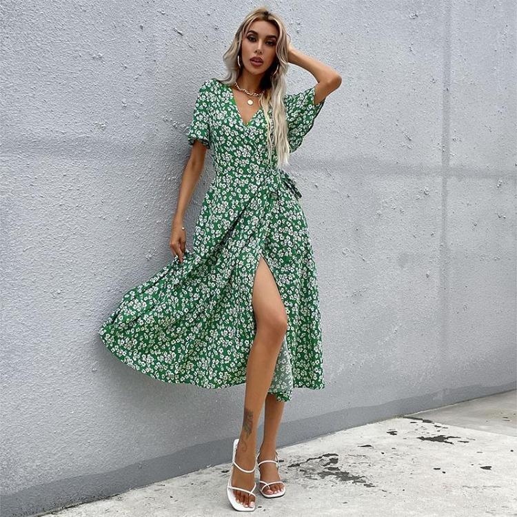 Women Floral Printed Bandage Casual Dress Green Beach Leisure Butterfly Sleeve Summer Ladies Female Dress