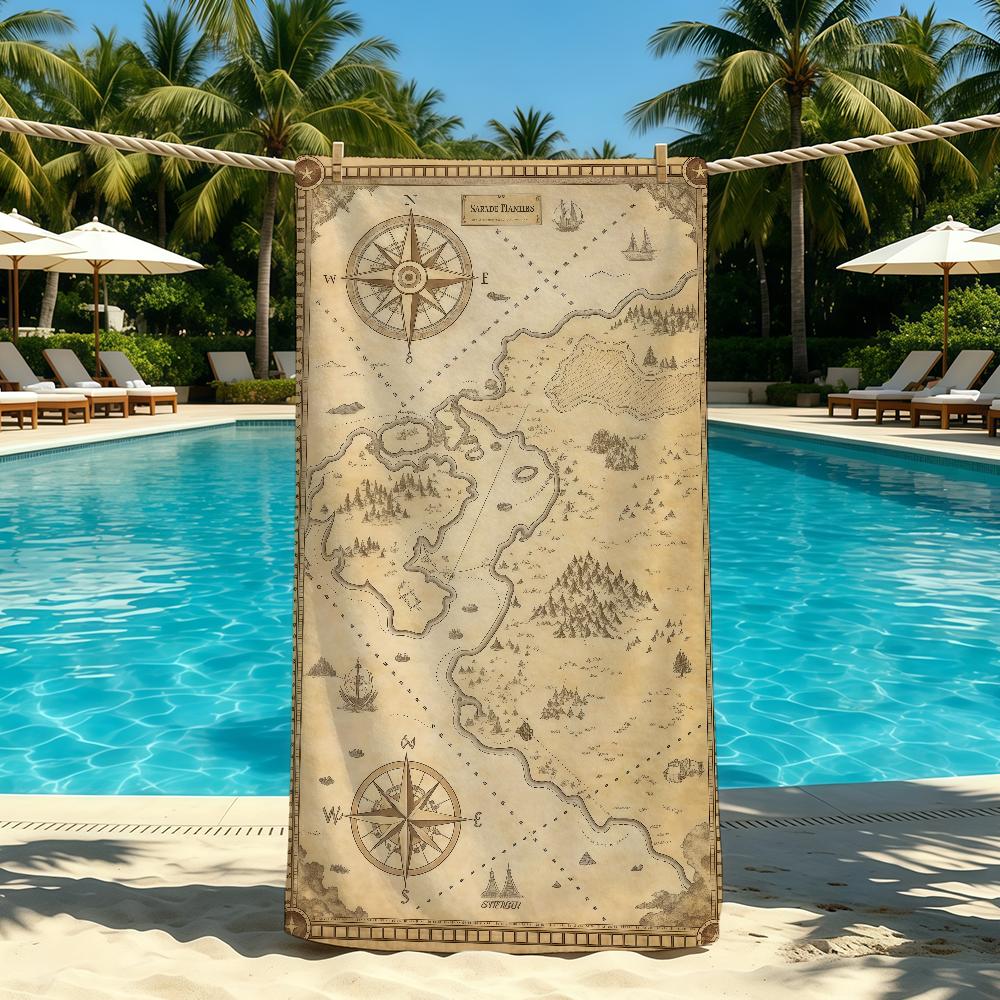 Towel For Outdoor Camping Beach Retro Towel World Map Super and Absorbent Quick-Drying Compass Summer Towel