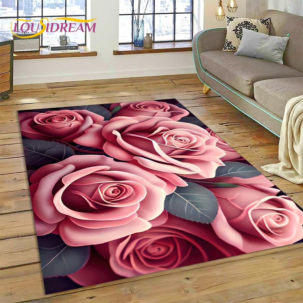 Rose Flowers Nordic Love Romantic Rug Carpet for Living Room Bedroom Home Decor,Floor Mat Non-slip Decoration for Sofa Doormat