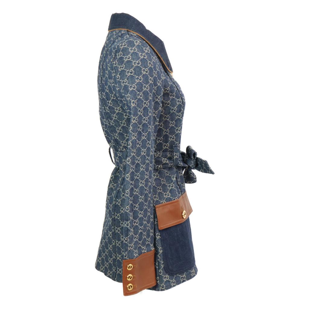 Gucci Domestic Regular 652658 GG Denim Leather Switch Square Patch Belted Jacket 34 IndigoUsed