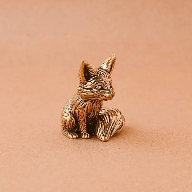 Brass Fox Statue Cute Fox Miniature Figurines Desk Decorations Accessories Copper Animal Sculpture Home Decor Crafts