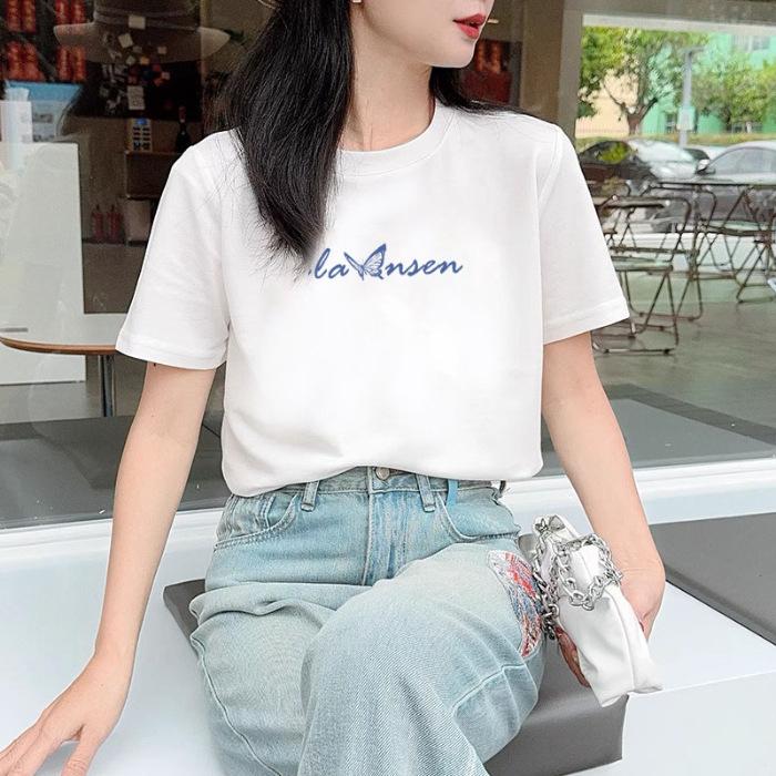 

2025 summer new cotton white short-sleeved T-shirt women s ice silk loose drape versatile letter top trend ins S