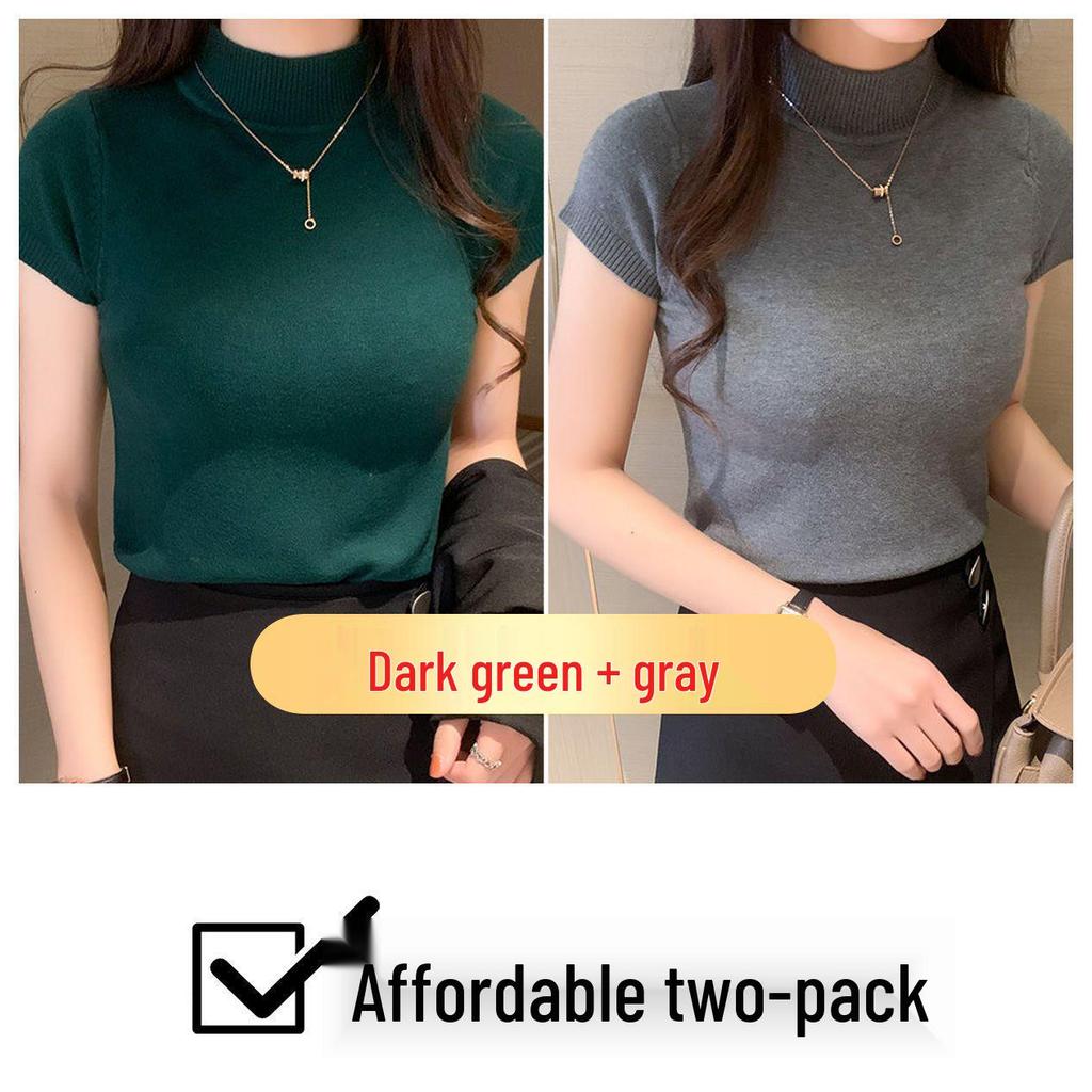 Women's Ice Silk Knit Slim Fit Short Sleeve Top - Half-High Collar, Stretchy, Solid Color