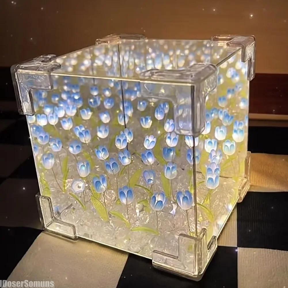 Handmade Tulip Nightlight DIY Material Cube Tulip Mirror Bedroom Decor Atmosphere Lamp Valentine's Day Birthday Gift