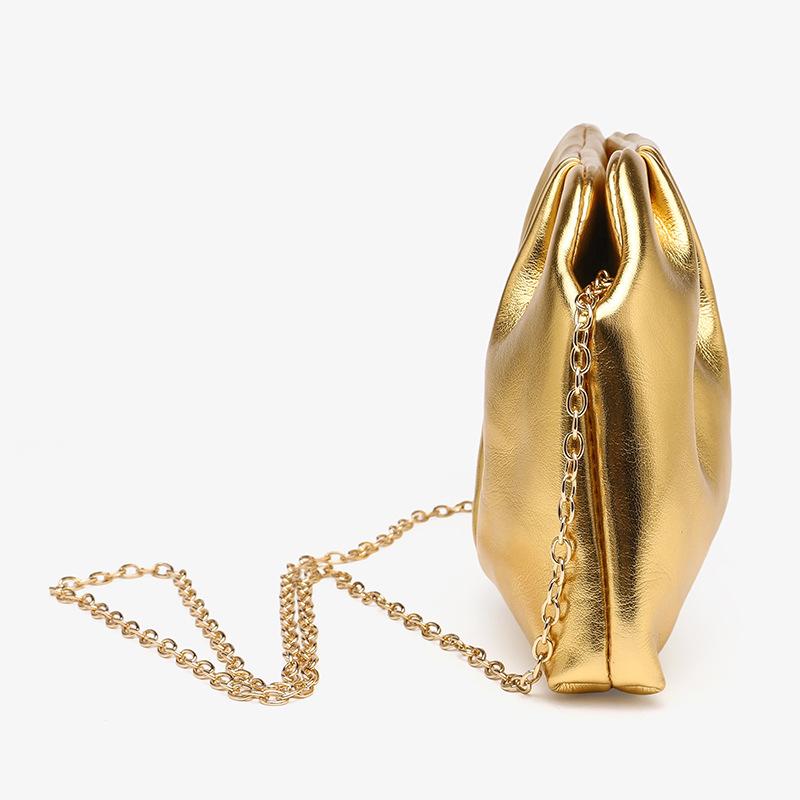Metallic Pleated Dumpling Clutch - Luxurious Chain Bag for Parties