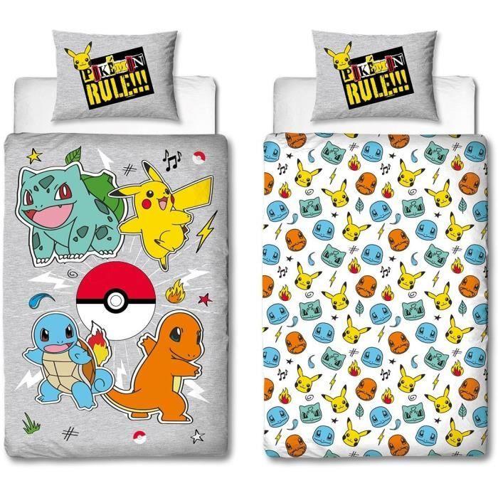 Parure De Lit Réversible - POKEMON - Pikachu Et Starter - Gris - Microfibre - 1 Housse De Couette 140 X 200 Cm + 1 Taie 63 X 63 Cm
