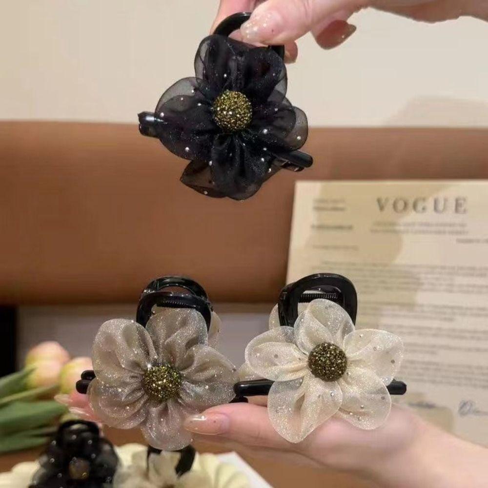 Mesh Rhinestone Hair Claws Hair Clips Simple Solid Color Claw Clip Hairpin Shark Clips  for Women