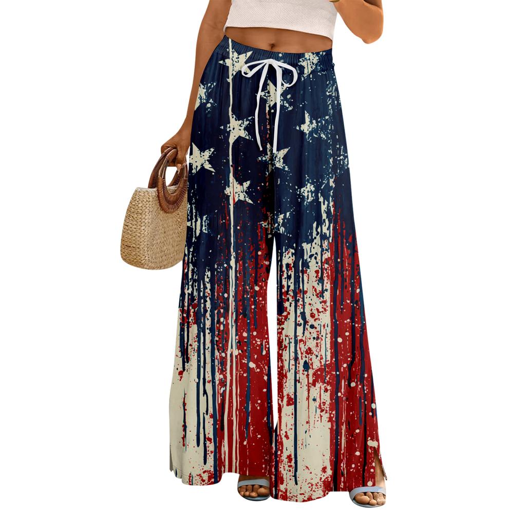 Women Summer Boho Palazzo Pants High Waist Wide Leg Floral Printing Casual Trousers With Pockets