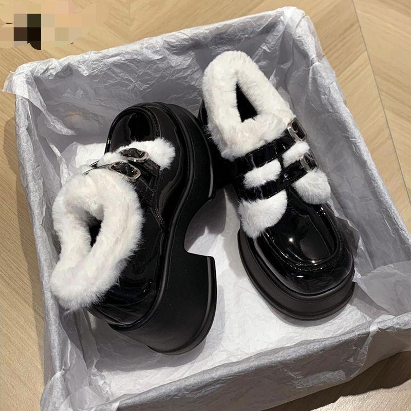 Women's Furry Thick Sole Loafers 2025 Winter Chunky Sole Cotton Lined Warm Shoes Height Increase Fashion Footwear